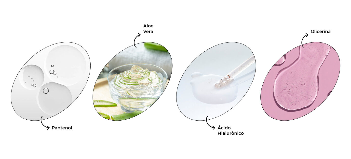 Ingredientes para cuidados com a pele: Pantenol, Aloe Vera, Ácido Hialurônico, Glicerina.