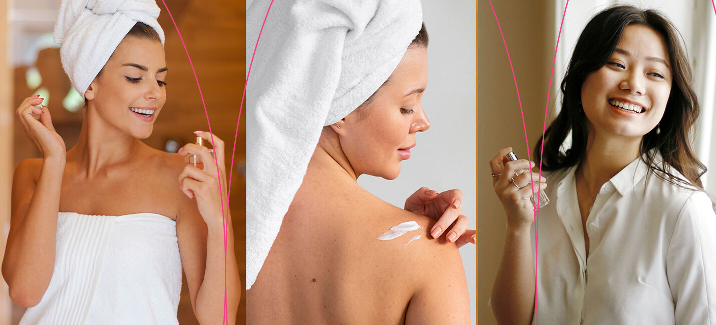 Mulheres aplicando produtos de beleza com toalha na cabeça