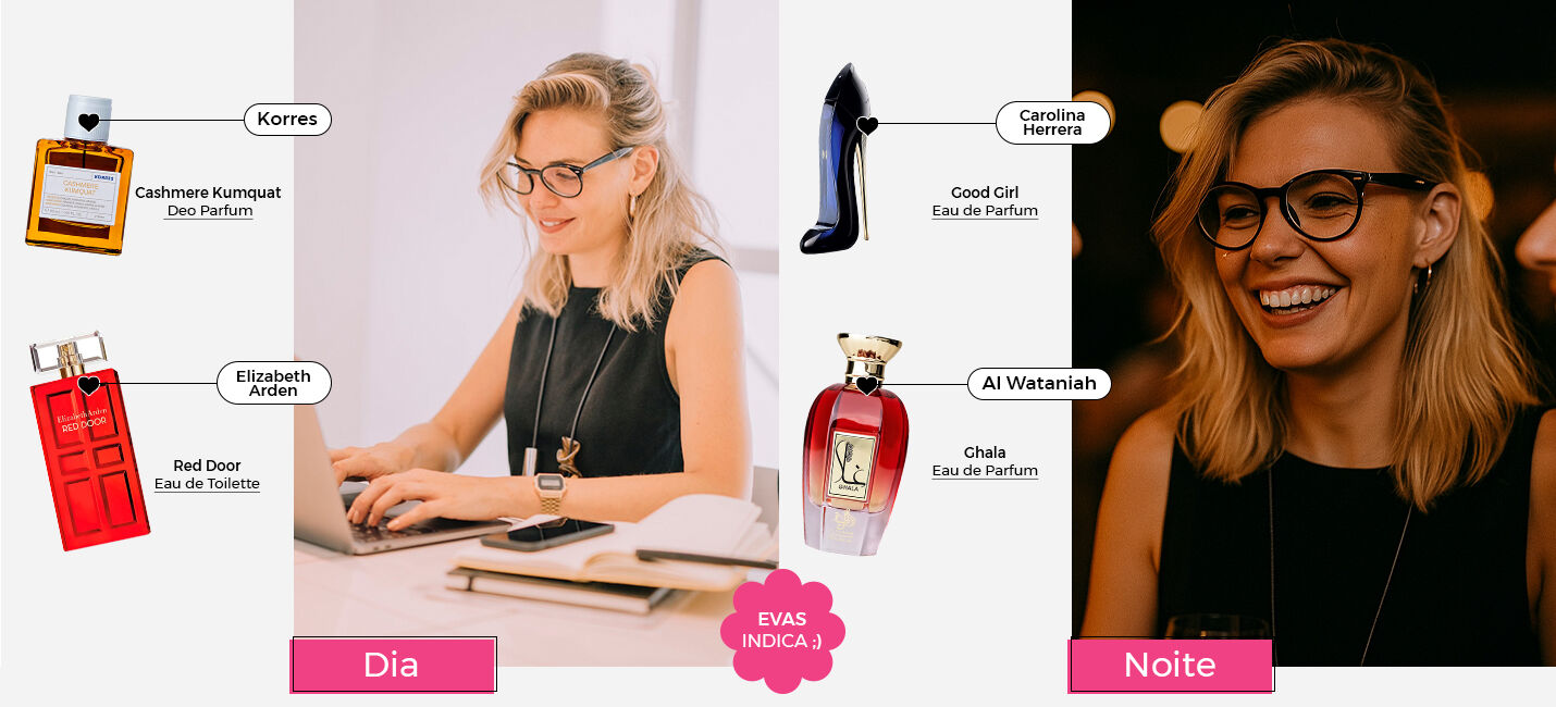 Sugestões de perfumes para dia e noite.