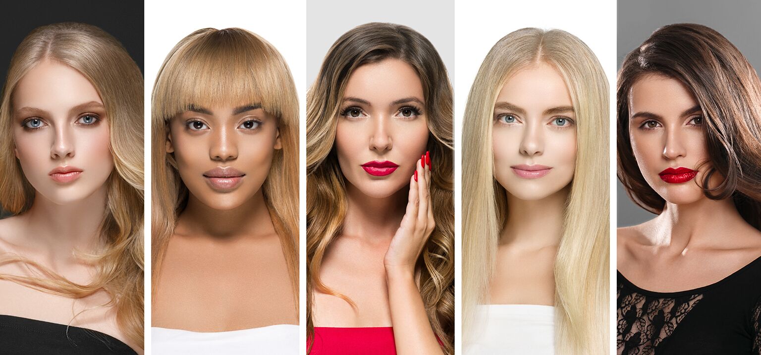 Cinco mulheres com maquiagem e cabelos diversos.