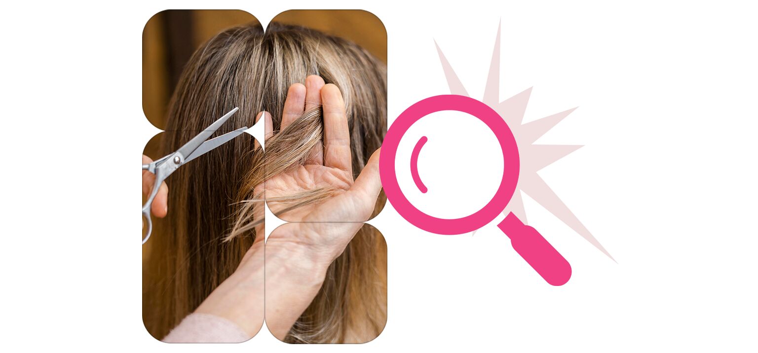 Corte de cabelo com tesoura em mãos femininas.