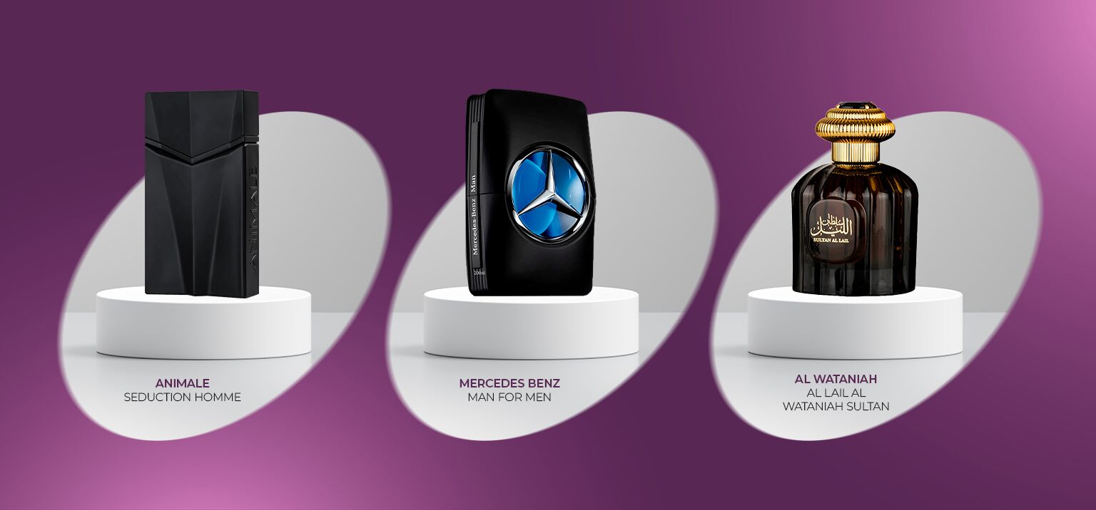 Frascos de perfumes masculinos sobre fundo roxo