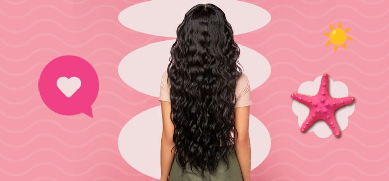 Modelo com cabelo longo e ondulado de costas