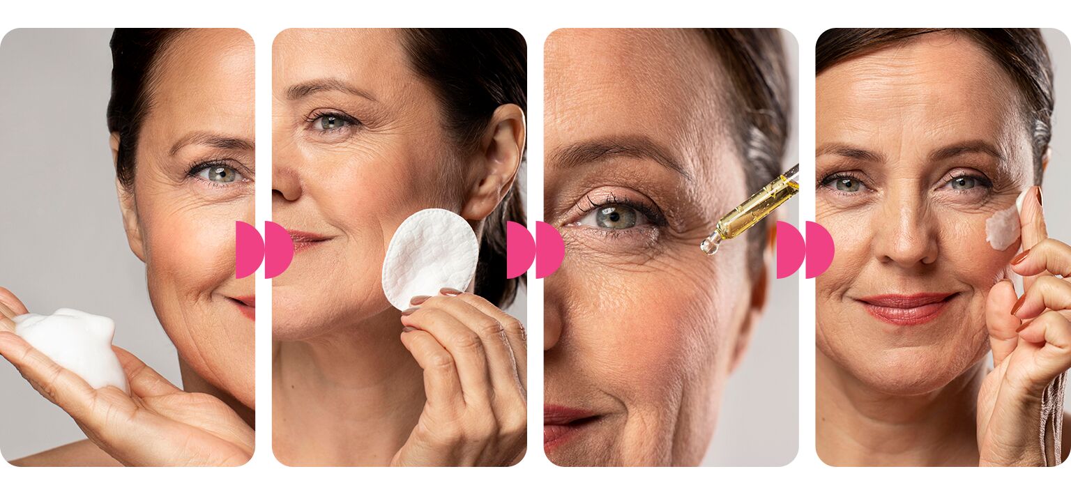 Mulher aplicando produtos de beleza no rosto