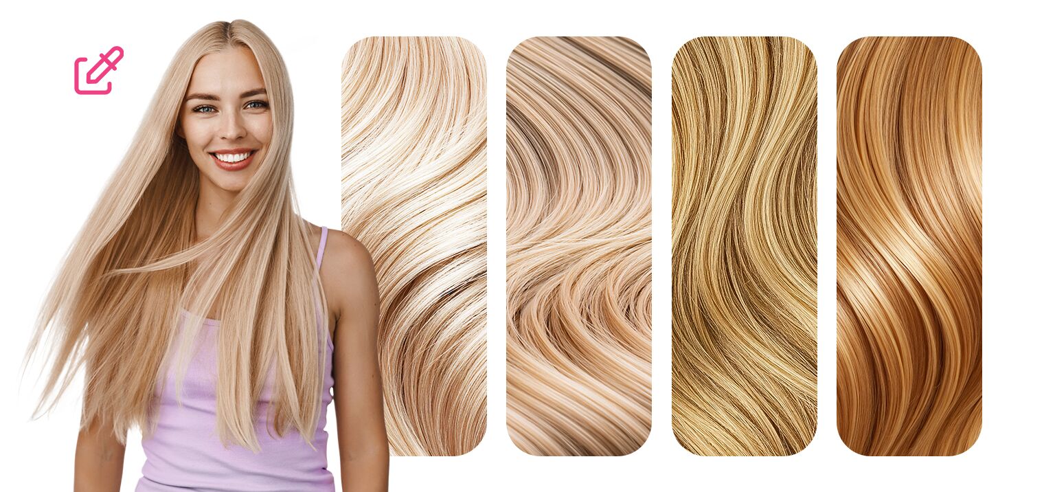 Mulher sorrindo com cabelo loiro saudável e ondulado.