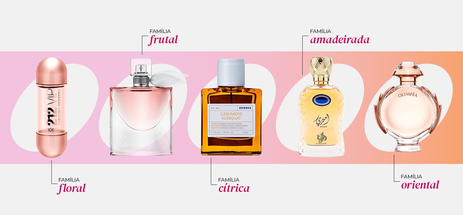 Vários perfumes de diferentes famílias olfativas