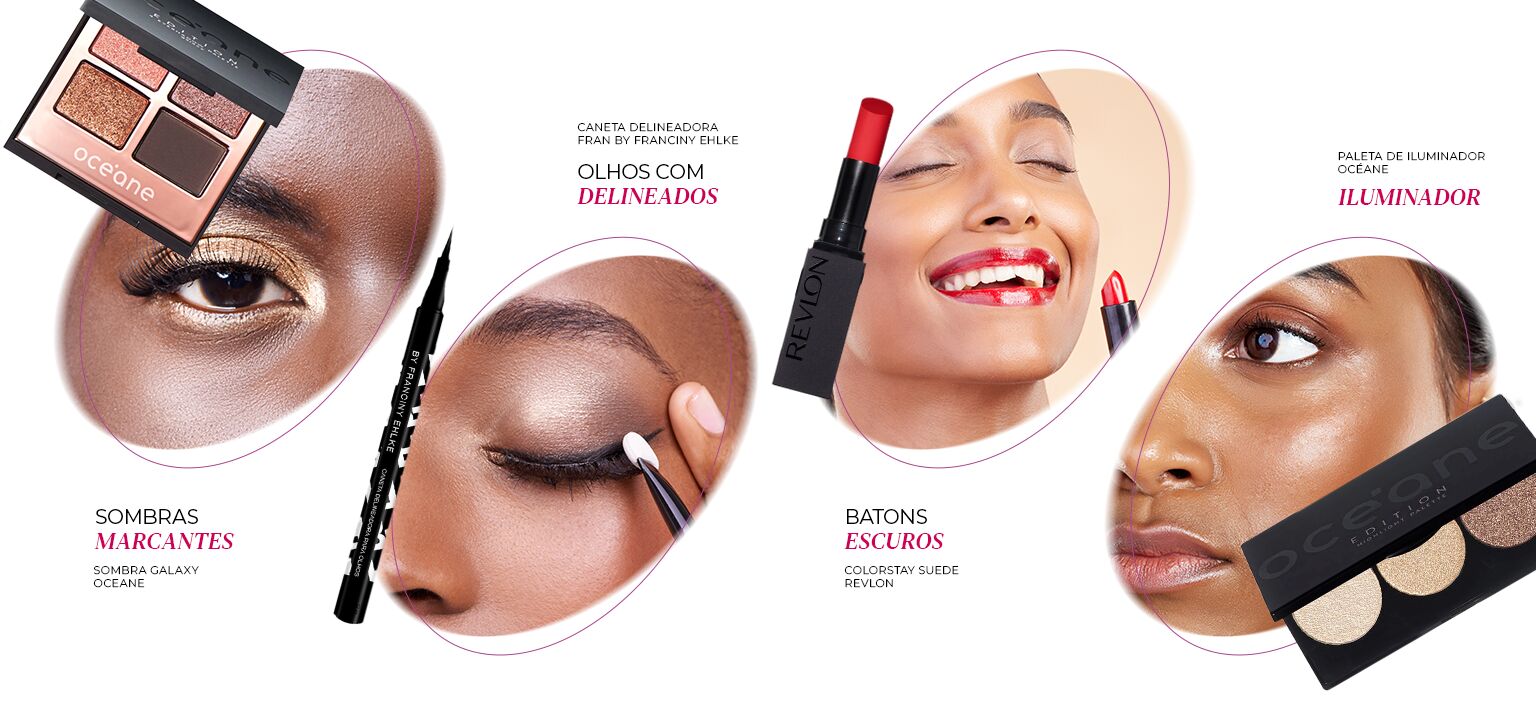 Produtos de maquiagem: sombras, batons e iluminadores.