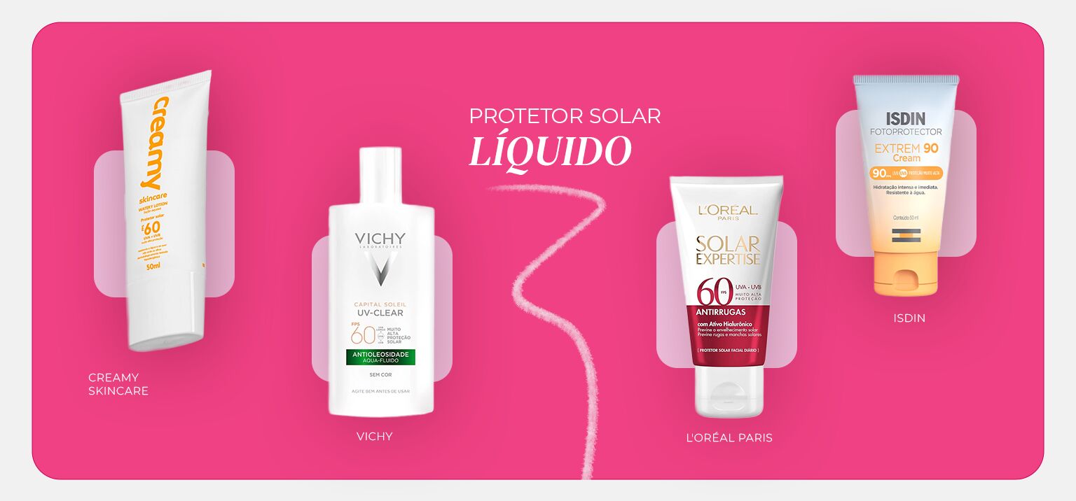 Quatro protetores solares líquidos em destaque