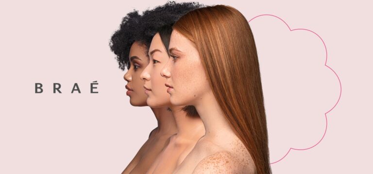 Três mulheres com diferentes tipos de cabelo e pele