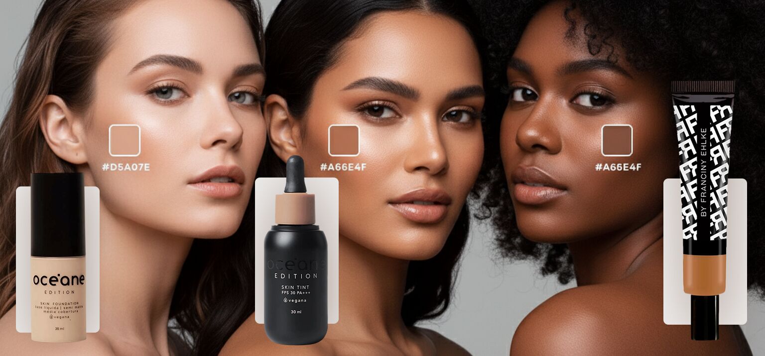 Três mulheres com maquiagem e tons de pele diversos.