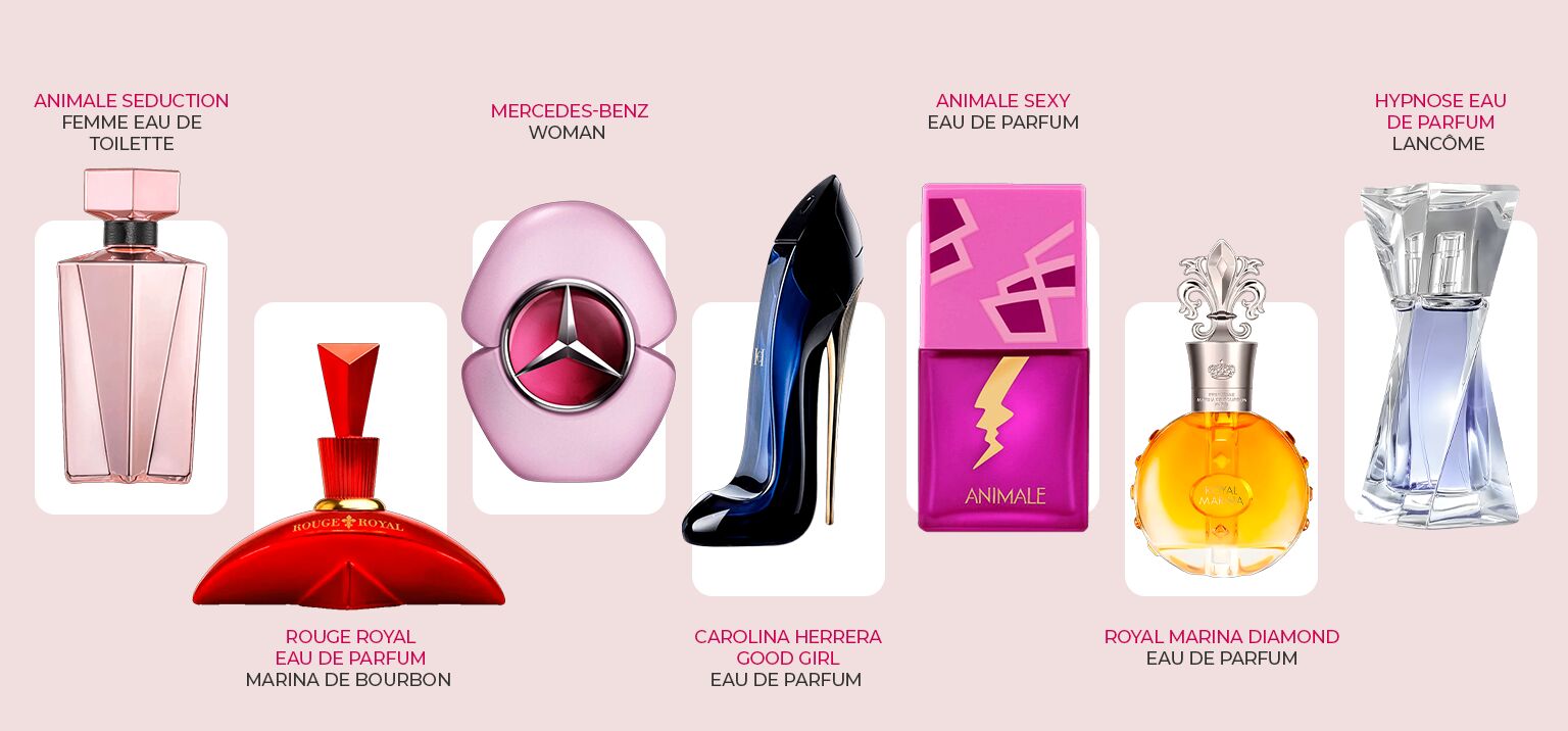 Variedade de perfumes femininos com frascos distintos.