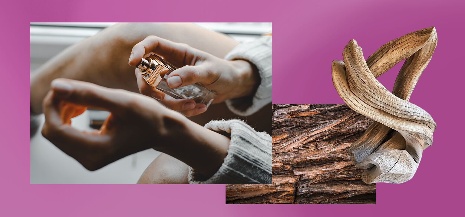 Pessoa aplicando perfume com fundo artístico