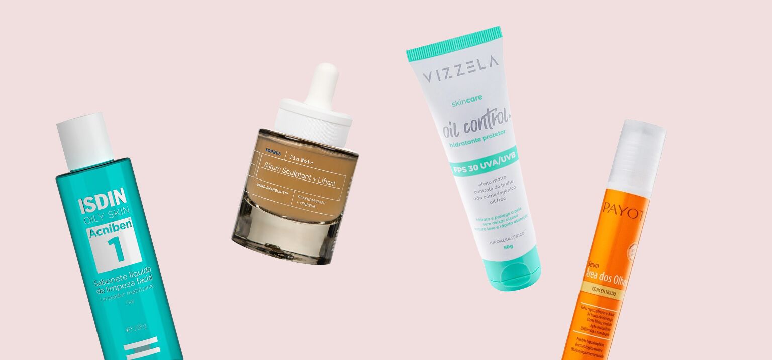 Produtos de cuidados para pele oleosa em fundo rosa