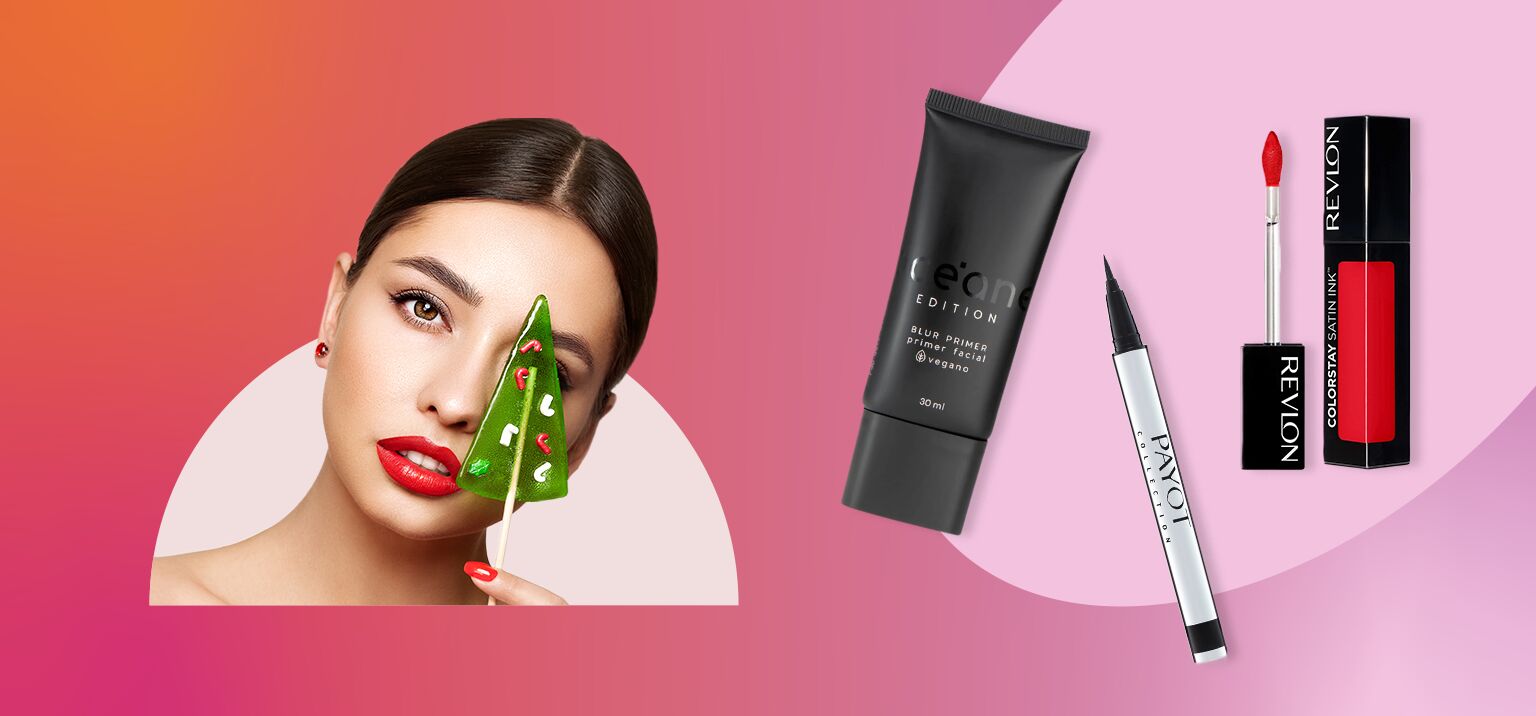 Mulher com máscara facial e produtos de maquiagem Revlon