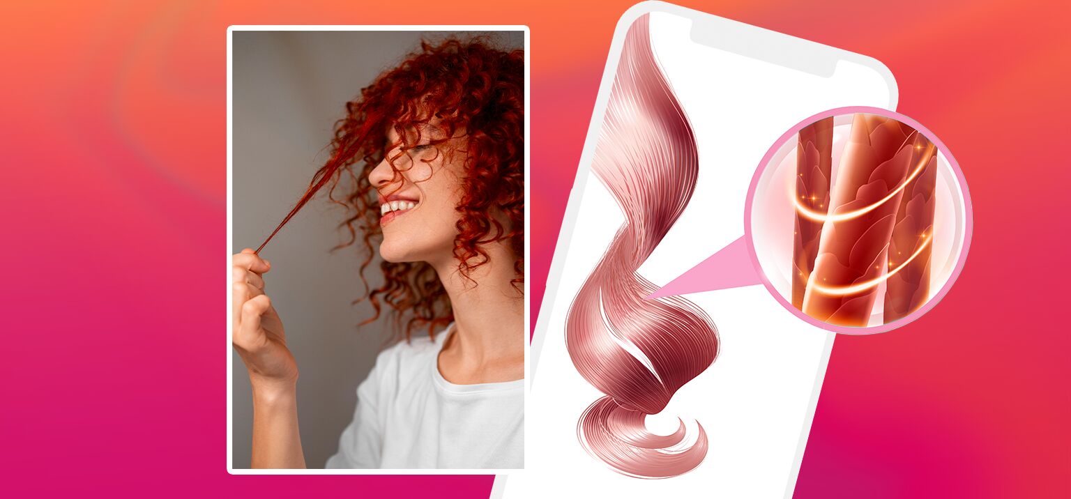 Mulher sorrindo com cabelos cacheados e ilustração de cabelo