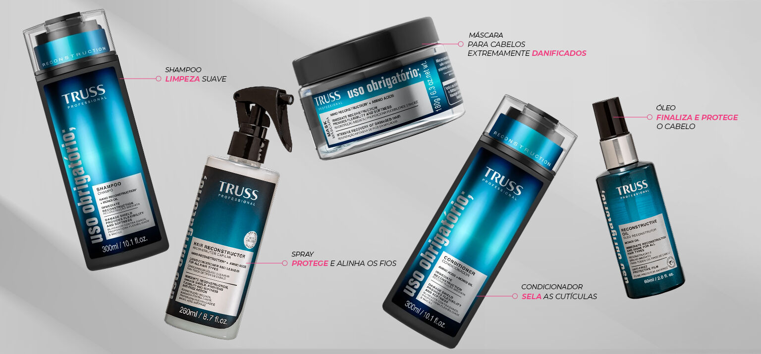 Produtos de cabelo Truss: shampoo, máscara e óleo