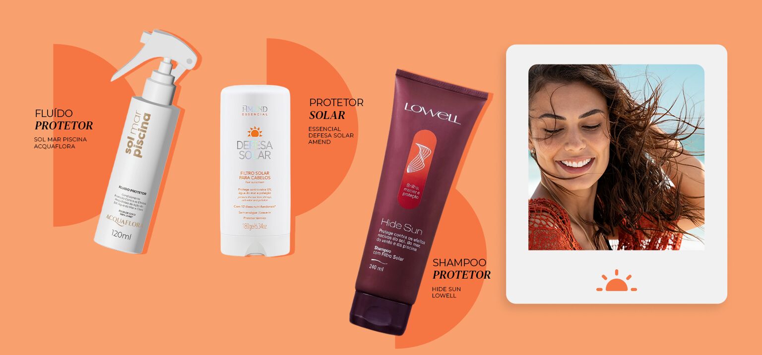 Produtos de proteção solar e capilar para cuidados na praia.
