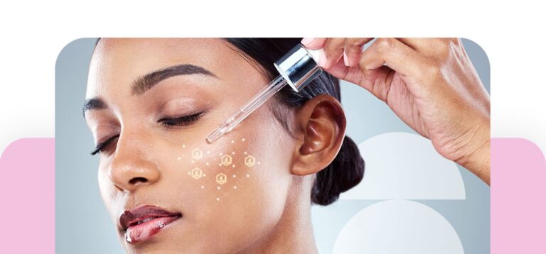 Mulher aplicando sérum facial com conta-gotas.