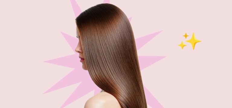 Cabelo liso e brilhante em fundo rosa claro