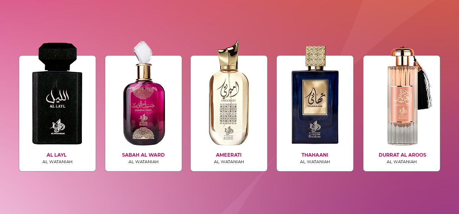 Coleção de perfumes Al Wataniah com cinco opções.