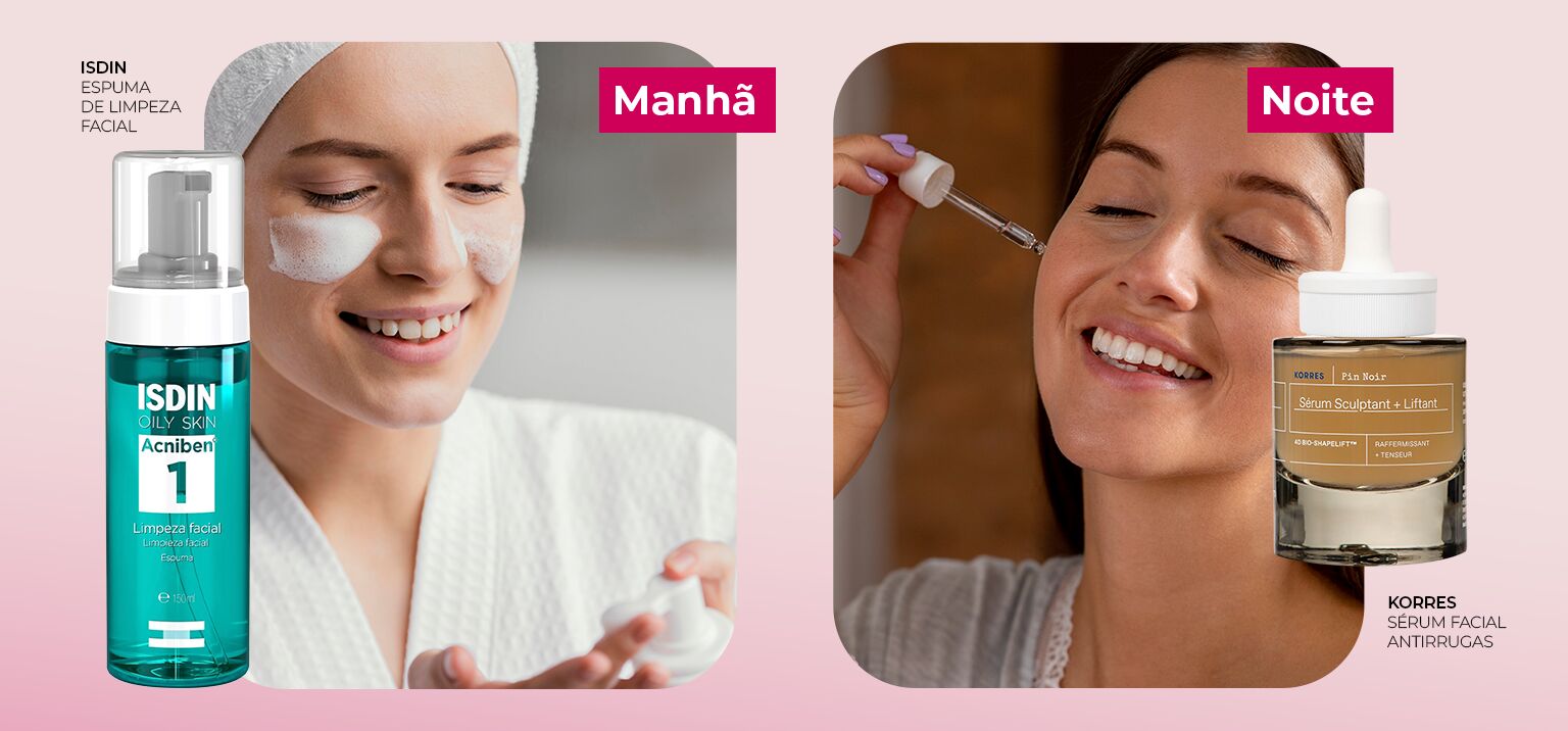 Produtos de cuidados faciais para manhã e noite